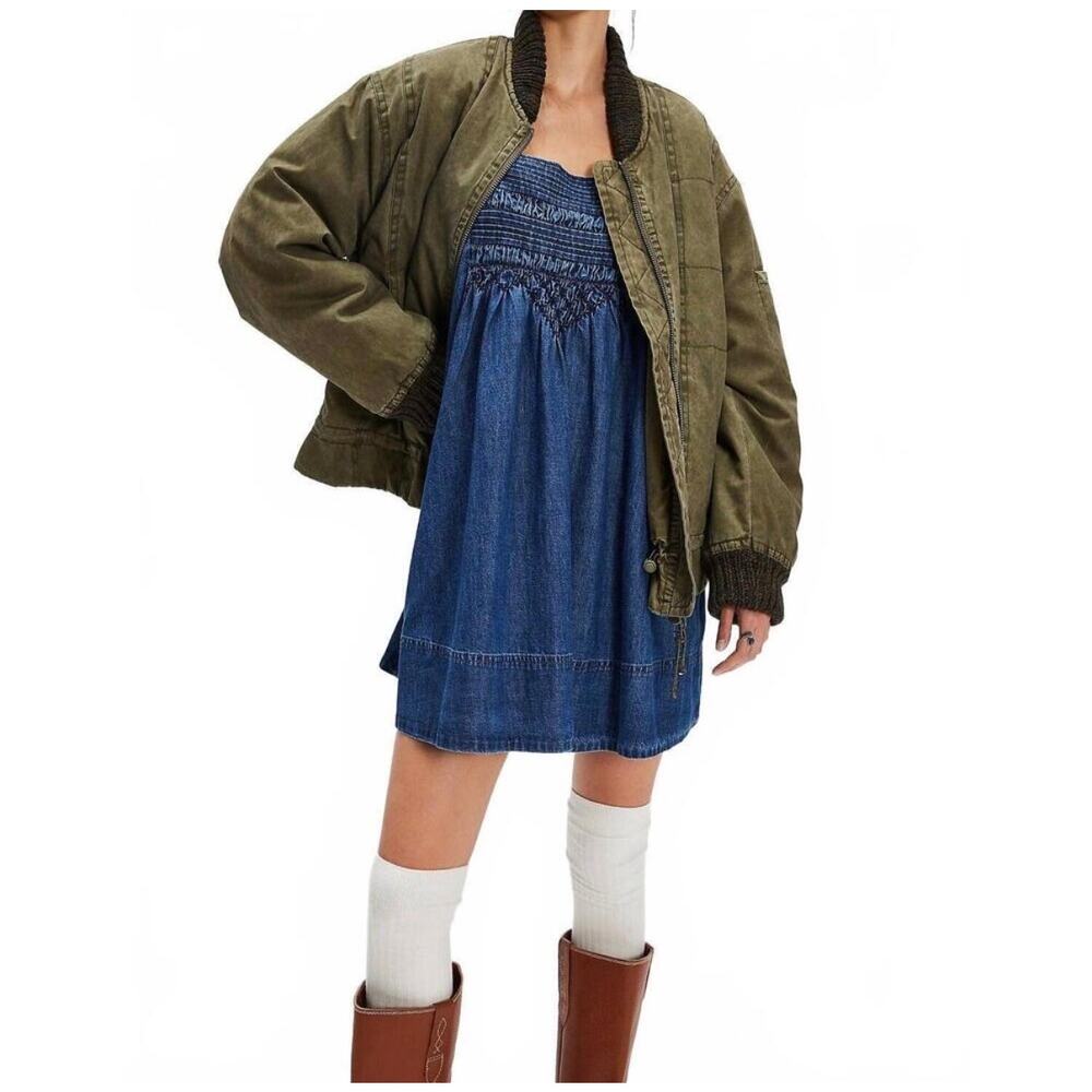 NWT Free People Sonora Denim Babydoll Mini Dress Square Neck L Midnight Rinse - Picture 7 of 12